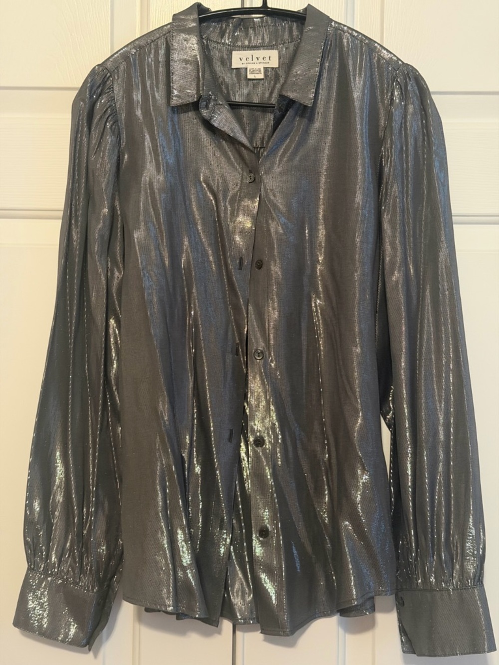 Velvet by Graham & Spencer Metallic Button-Up Blouse - Platinum Shimmery Size L